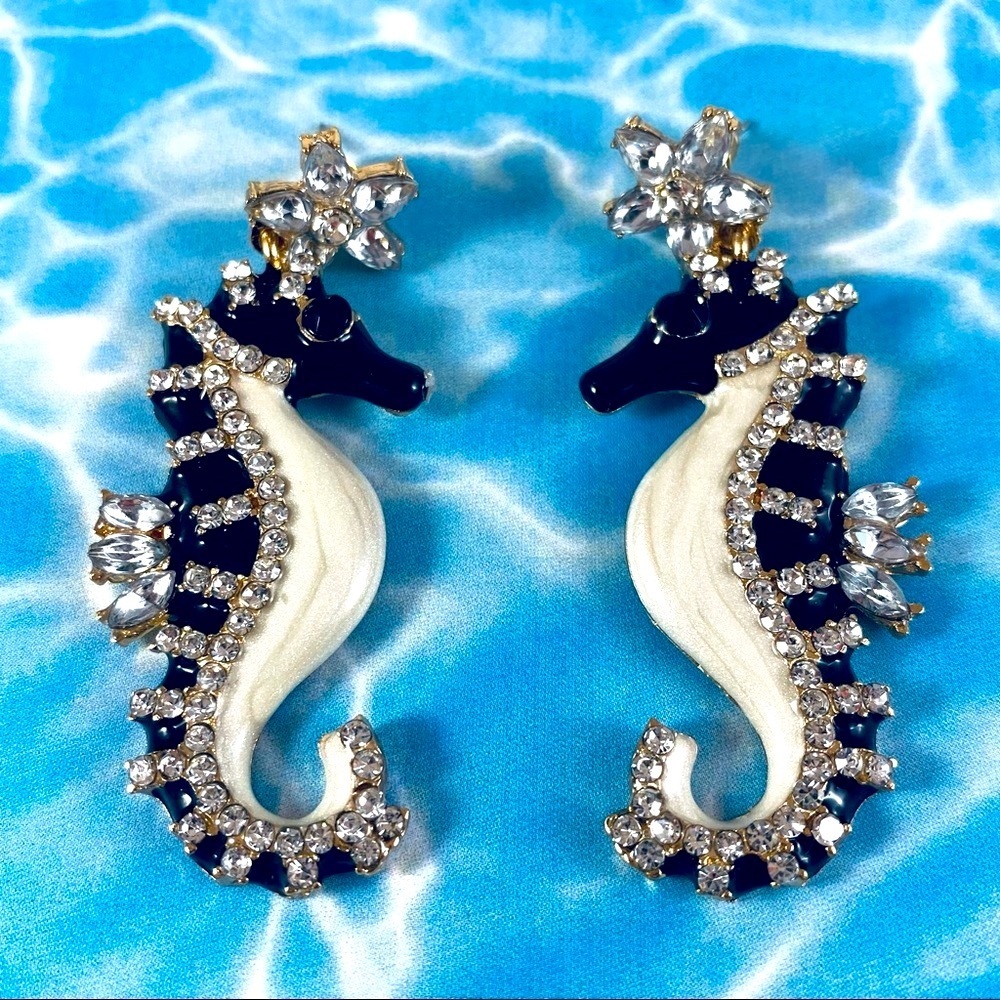 Sexy Seahorse rhinestone encrusted enamel earrings.